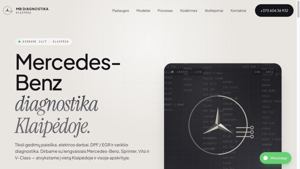 Tikras MB Diagnostika svetainės pradinis puslapis